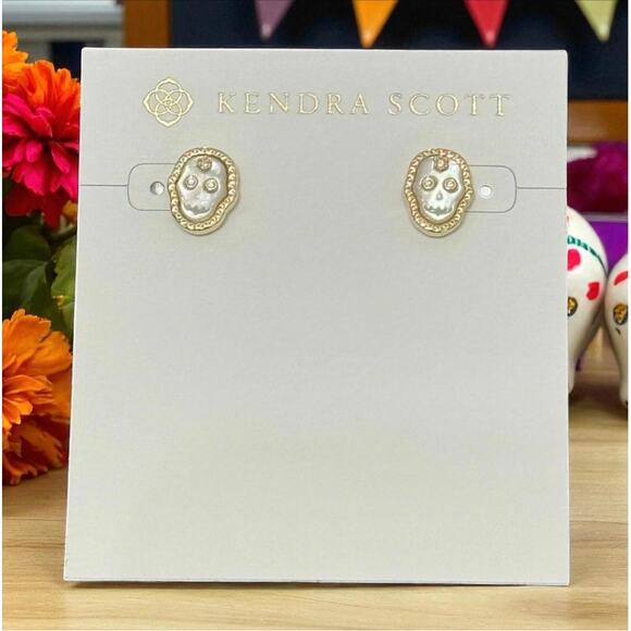 NWT! Kendra Scott Skeleton Gold Stud Earrings in Ivory Mother-of-Pearl - Picture 1 of 5